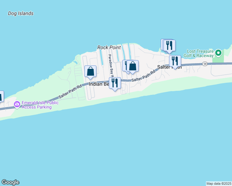 map of restaurants, bars, coffee shops, grocery stores, and more near 134 Ocean Boulevard in Indian Beach
