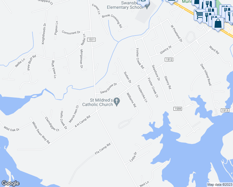 map of restaurants, bars, coffee shops, grocery stores, and more near 662 Old Hammock Road in Swansboro