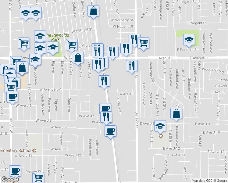 map of restaurants, bars, coffee shops, grocery stores, and more near 44211 Yucca Avenue in Lancaster