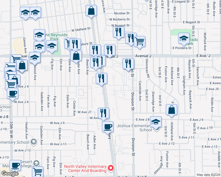 map of restaurants, bars, coffee shops, grocery stores, and more near 44211 Yucca Avenue in Lancaster