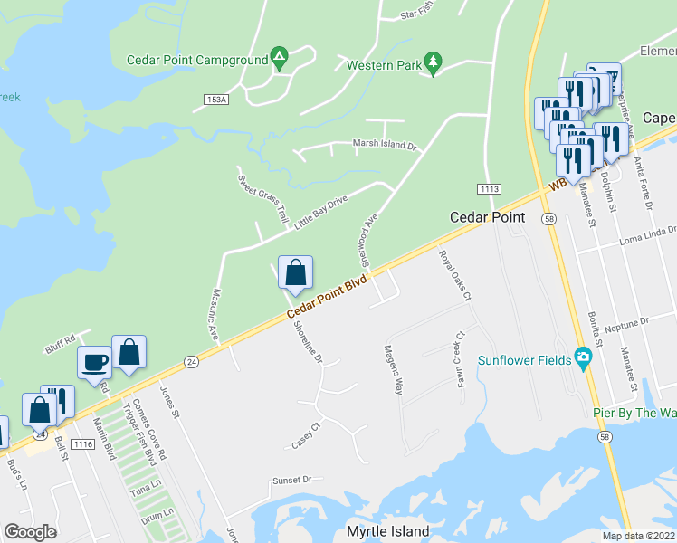 map of restaurants, bars, coffee shops, grocery stores, and more near 1095 Cedar Point Boulevard in Cedar Point