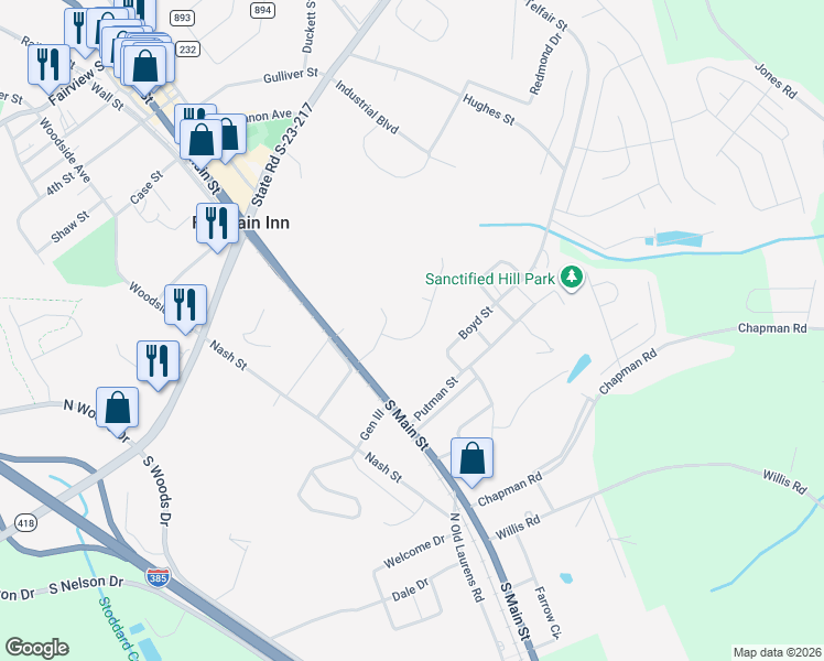 map of restaurants, bars, coffee shops, grocery stores, and more near 108 Brierfield Way in Fountain Inn