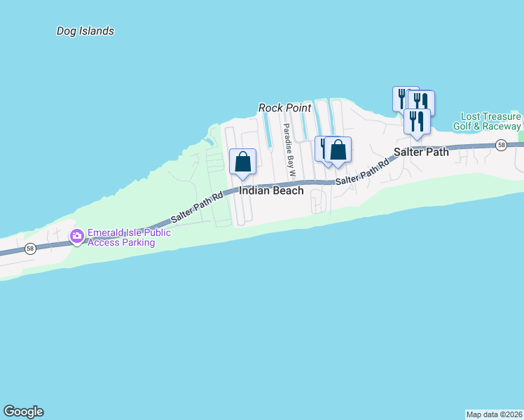 map of restaurants, bars, coffee shops, grocery stores, and more near 1505 Salter Path Road in Indian Beach
