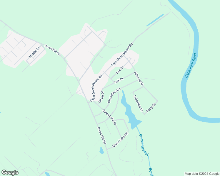 map of restaurants, bars, coffee shops, grocery stores, and more near Oak Street in Bladenboro