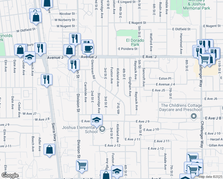 map of restaurants, bars, coffee shops, grocery stores, and more near 44204 Foxton Avenue in Lancaster