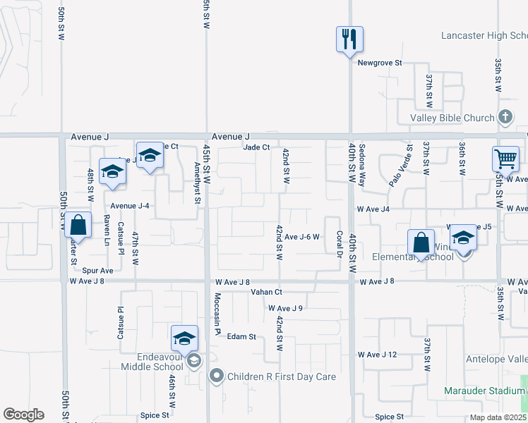 map of restaurants, bars, coffee shops, grocery stores, and more near 4244 West Avenue J in Lancaster