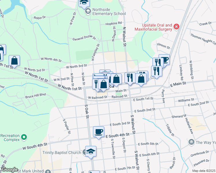 map of restaurants, bars, coffee shops, grocery stores, and more near 124 N Townville St in Seneca