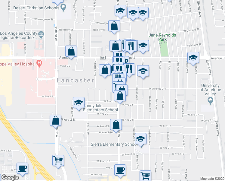 map of restaurants, bars, coffee shops, grocery stores, and more near 44215 10th Street West in Lancaster