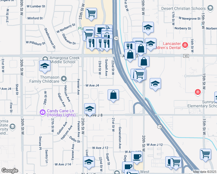 map of restaurants, bars, coffee shops, grocery stores, and more near 2233 West Avenue J4 in Lancaster