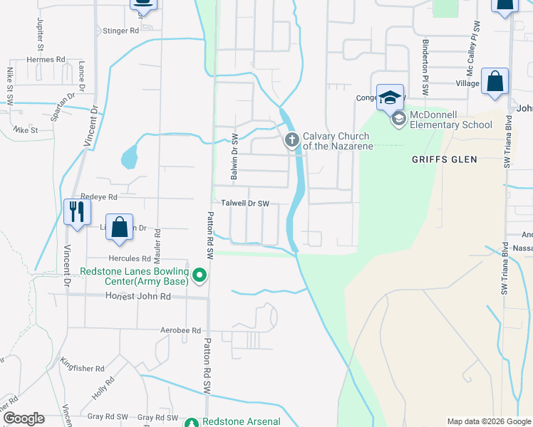 map of restaurants, bars, coffee shops, grocery stores, and more near 4027 Talwell Drive Southwest in Huntsville