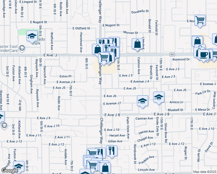 map of restaurants, bars, coffee shops, grocery stores, and more near 1027 East Avenue J5 in Lancaster
