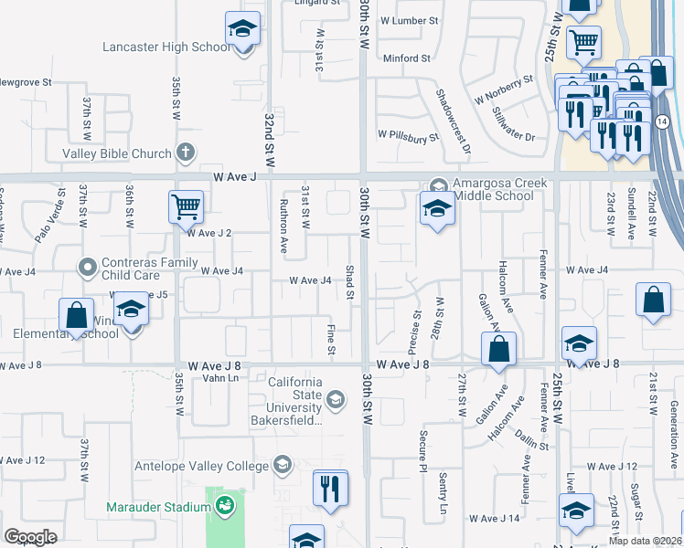 map of restaurants, bars, coffee shops, grocery stores, and more near 3027 West Avenue J4 in Lancaster