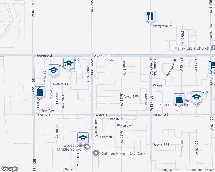 map of restaurants, bars, coffee shops, grocery stores, and more near 4362 Avenue J in Lancaster