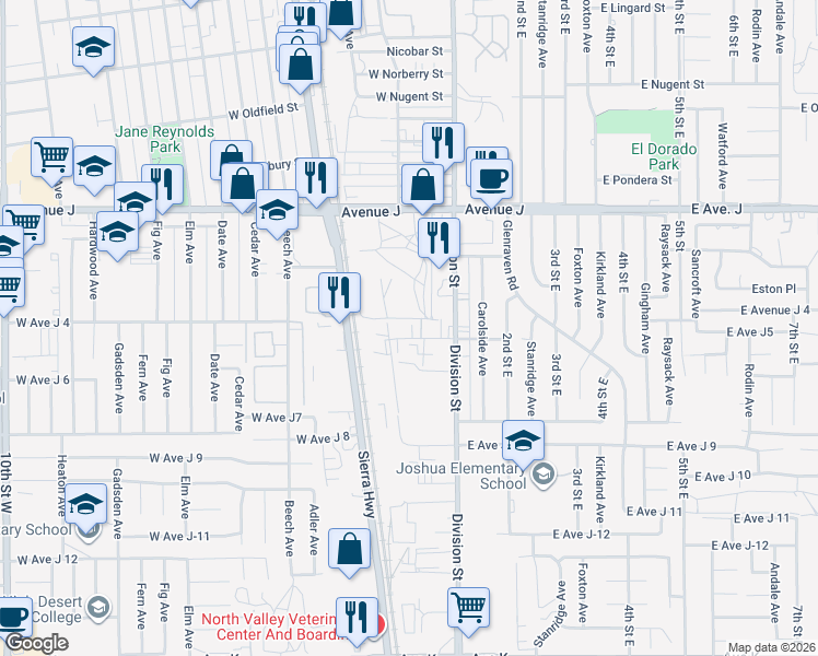 map of restaurants, bars, coffee shops, grocery stores, and more near 155 West Avenue J-5 in Lancaster