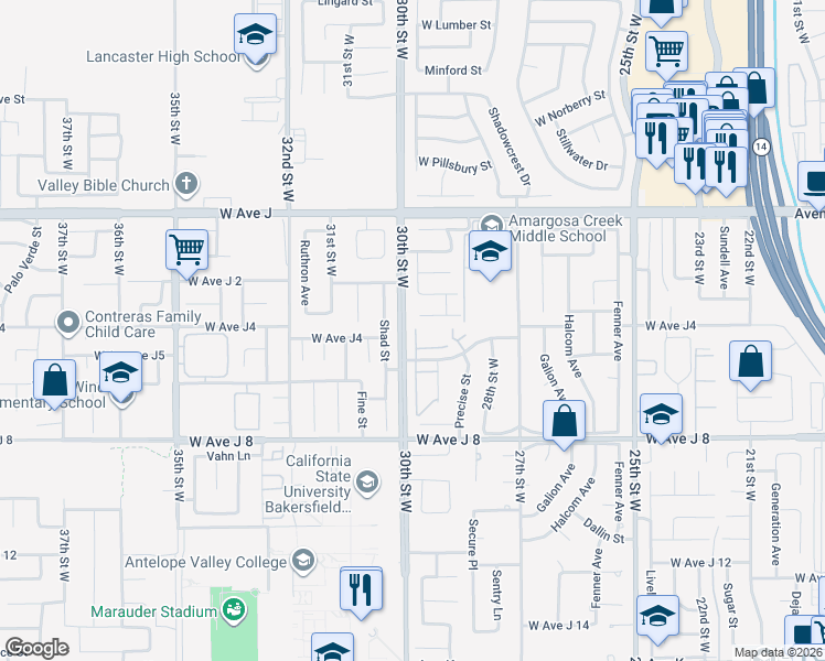 map of restaurants, bars, coffee shops, grocery stores, and more near 44156 30th Street West in Lancaster