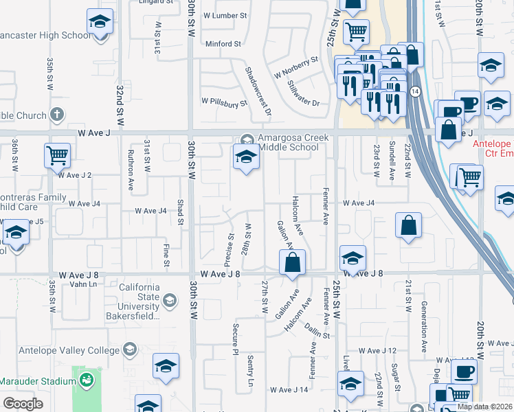 map of restaurants, bars, coffee shops, grocery stores, and more near 2743 West Avenue J4 in Lancaster