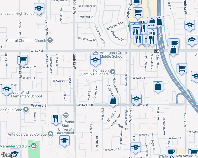 map of restaurants, bars, coffee shops, grocery stores, and more near 2743 West Avenue J4 in Lancaster