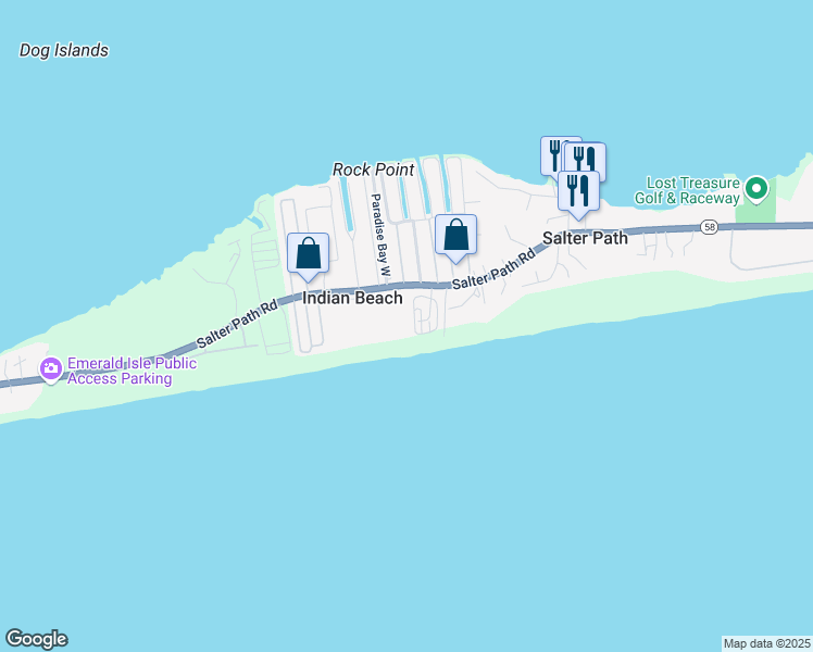 map of restaurants, bars, coffee shops, grocery stores, and more near 1505 Salter Path Road in Indian Beach