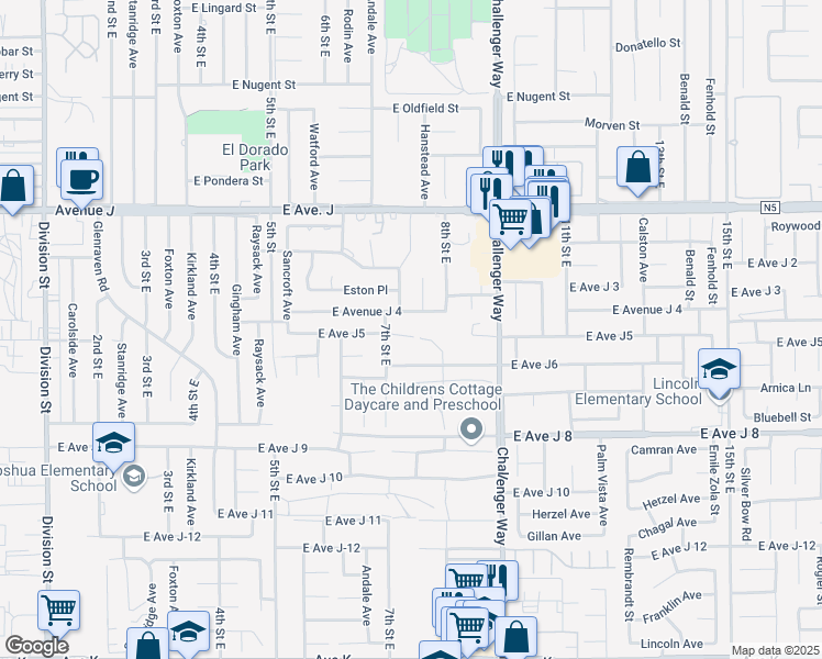 map of restaurants, bars, coffee shops, grocery stores, and more near 727 East Avenue J5 in Lancaster