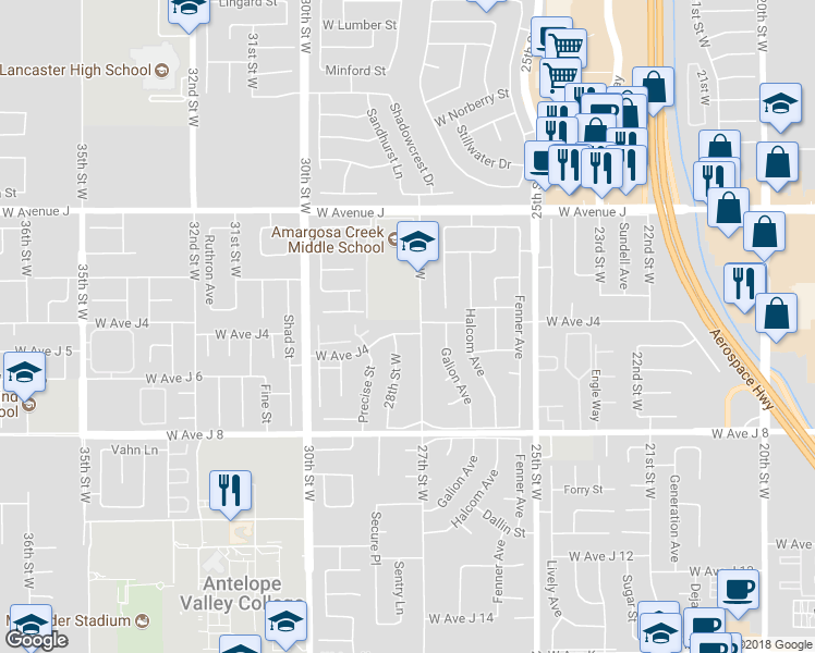 map of restaurants, bars, coffee shops, grocery stores, and more near 2743 West Avenue J4 in Lancaster