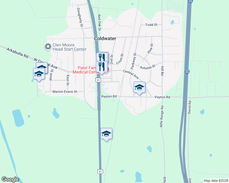 map of restaurants, bars, coffee shops, grocery stores, and more near 145 Peyton Road in Coldwater