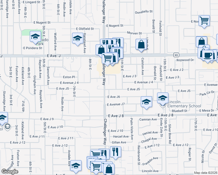 map of restaurants, bars, coffee shops, grocery stores, and more near 1017 East Avenue J5 in Lancaster