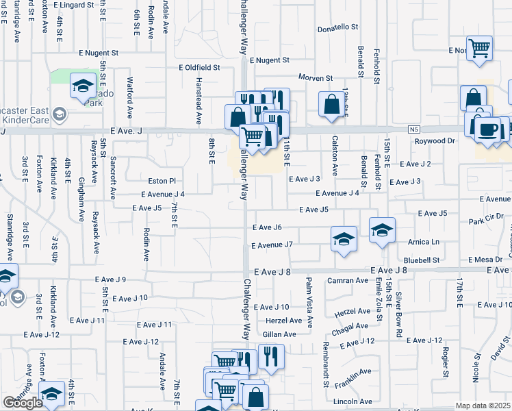 map of restaurants, bars, coffee shops, grocery stores, and more near 1017 East Avenue J5 in Lancaster