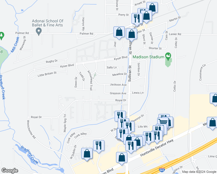 map of restaurants, bars, coffee shops, grocery stores, and more near 123 Jackson Avenue in Madison