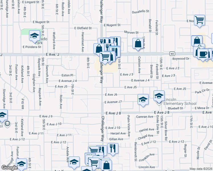 map of restaurants, bars, coffee shops, grocery stores, and more near 1017 East Avenue J5 in Lancaster