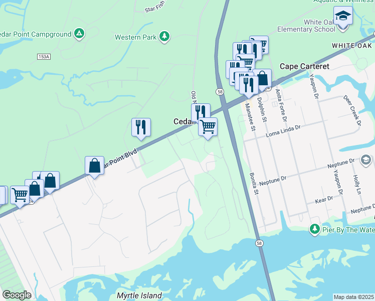 map of restaurants, bars, coffee shops, grocery stores, and more near 1160 Cedar Point Boulevard in Cedar Point