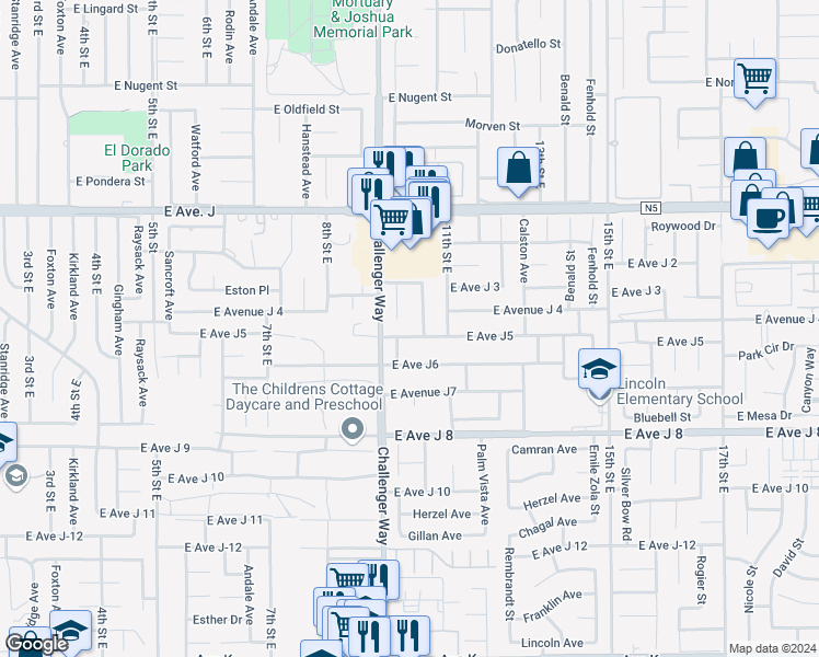 map of restaurants, bars, coffee shops, grocery stores, and more near 1027 East Avenue J5 in Lancaster