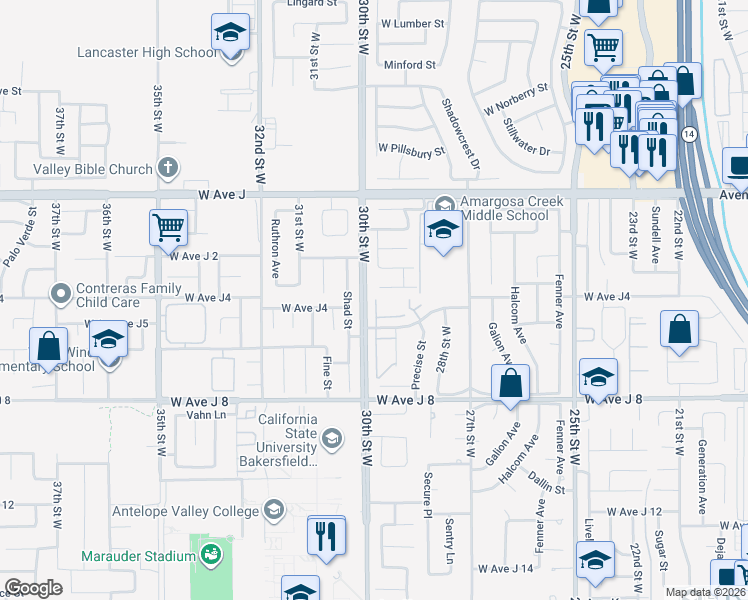map of restaurants, bars, coffee shops, grocery stores, and more near 44156 30th Street West in Lancaster