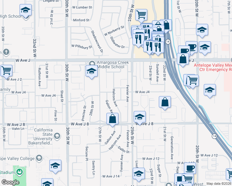 map of restaurants, bars, coffee shops, grocery stores, and more near 44170 Halcom Avenue in Lancaster