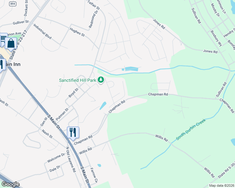 map of restaurants, bars, coffee shops, grocery stores, and more near Creekview in Fountain Inn