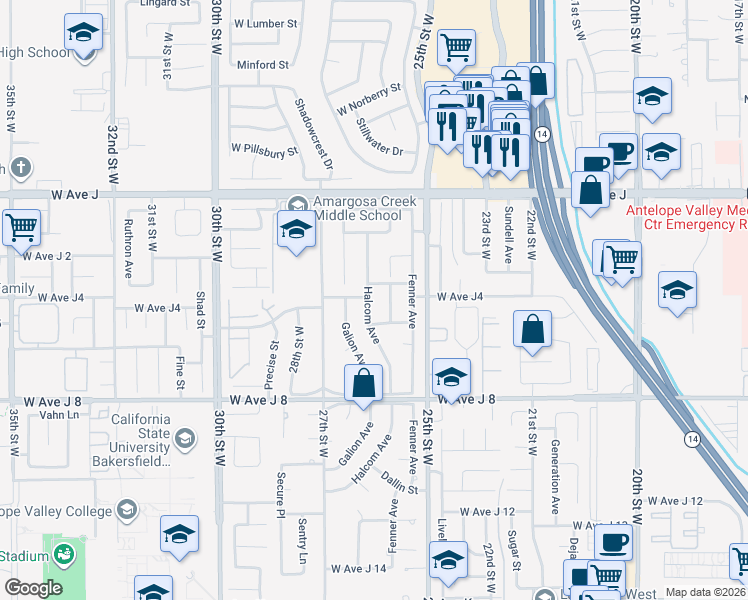 map of restaurants, bars, coffee shops, grocery stores, and more near 44170 Halcom Avenue in Lancaster