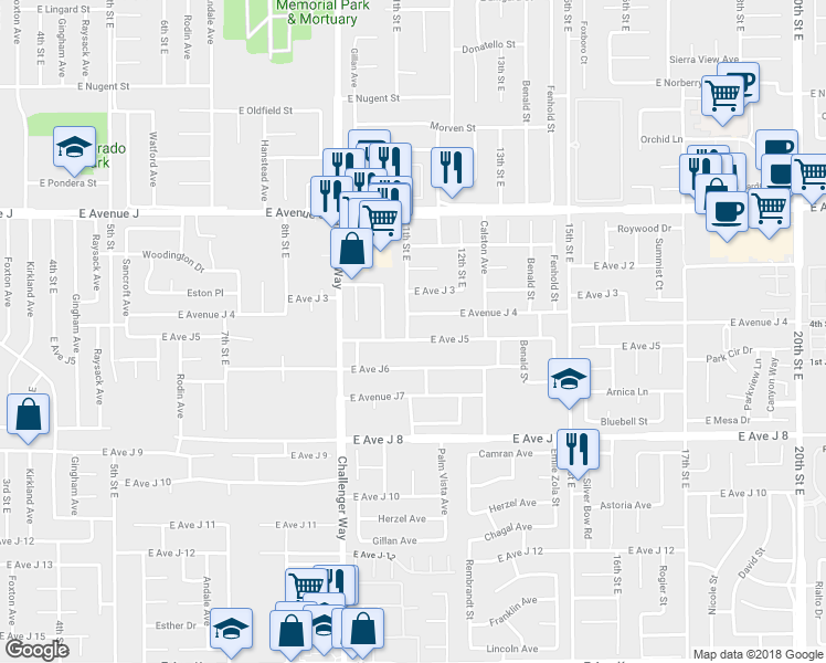 map of restaurants, bars, coffee shops, grocery stores, and more near 1103 East Avenue J5 in Lancaster