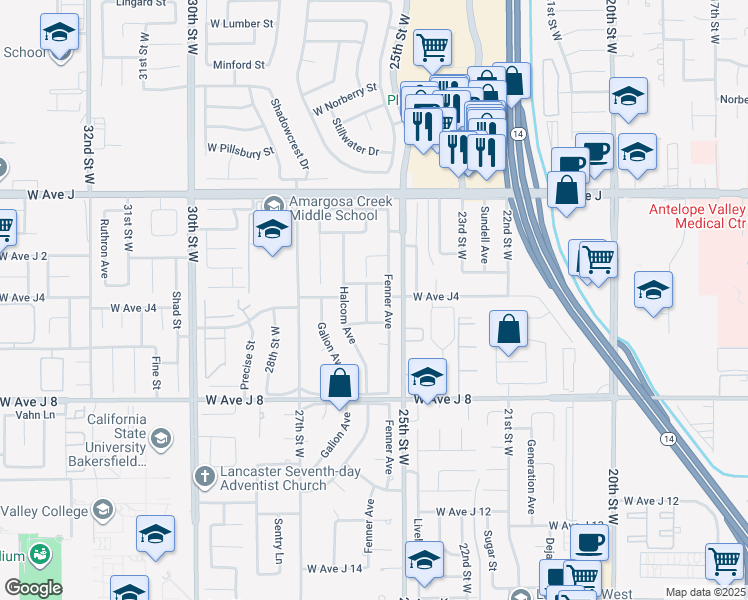 map of restaurants, bars, coffee shops, grocery stores, and more near 44154 Soft Ave in Lancaster