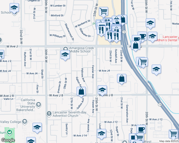 map of restaurants, bars, coffee shops, grocery stores, and more near 44154 Soft Avenue in Lancaster