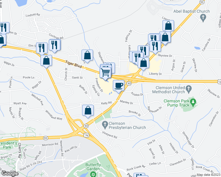 map of restaurants, bars, coffee shops, grocery stores, and more near 105 Freedom Drive in Clemson