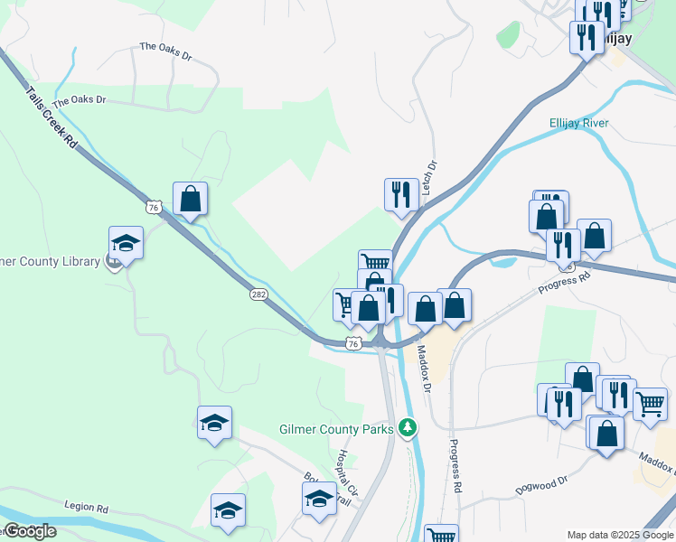 map of restaurants, bars, coffee shops, grocery stores, and more near 168 Courier Street in Ellijay
