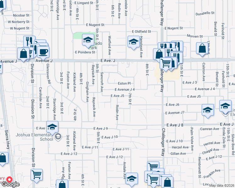 map of restaurants, bars, coffee shops, grocery stores, and more near 601 East Avenue J5 in Lancaster