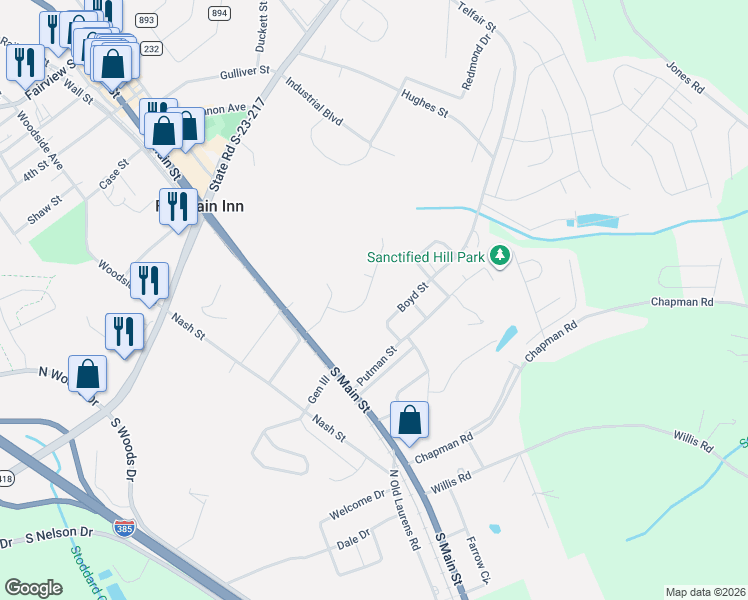 map of restaurants, bars, coffee shops, grocery stores, and more near 46 Donemere Way in Fountain Inn
