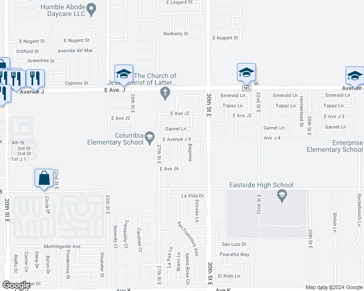 map of restaurants, bars, coffee shops, grocery stores, and more near 44146 Camellia Street in Lancaster