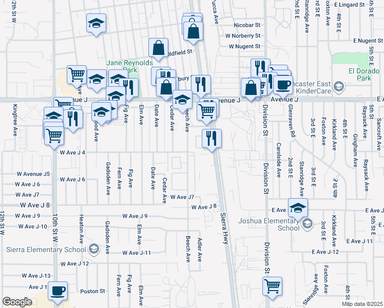 map of restaurants, bars, coffee shops, grocery stores, and more near 44209 Beech Avenue in Lancaster