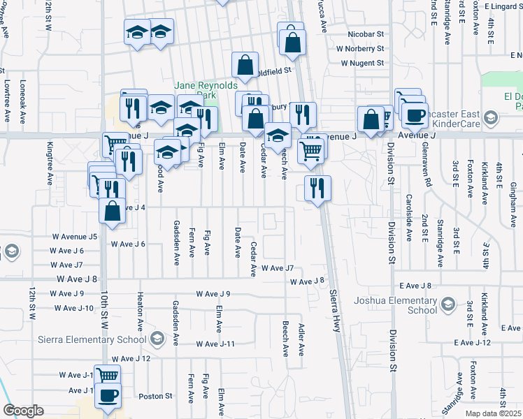 map of restaurants, bars, coffee shops, grocery stores, and more near 515 West Avenue J-4 in Lancaster