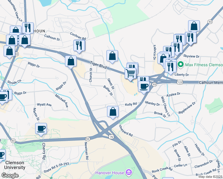 map of restaurants, bars, coffee shops, grocery stores, and more near 221 Butler Street in Clemson