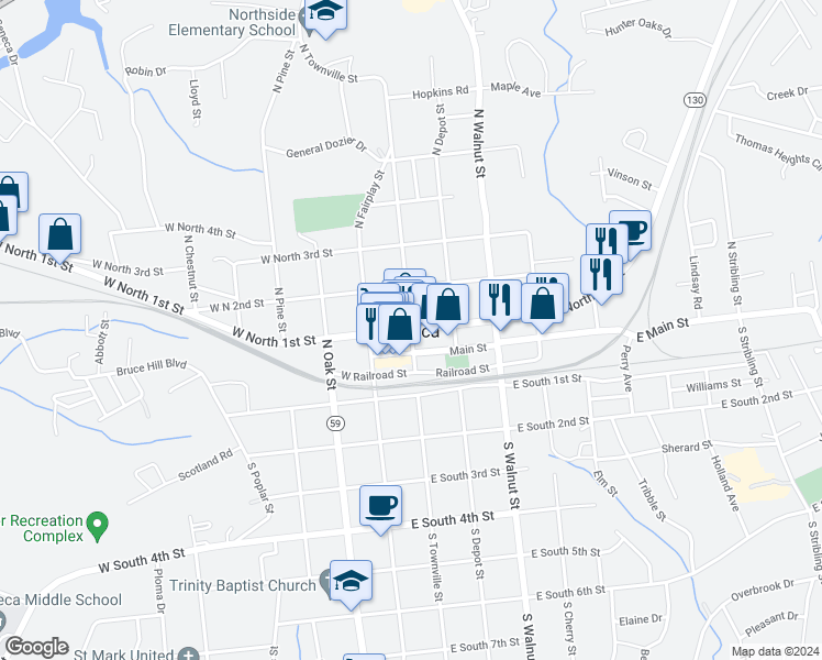 map of restaurants, bars, coffee shops, grocery stores, and more near 127 North Townville Street in Seneca
