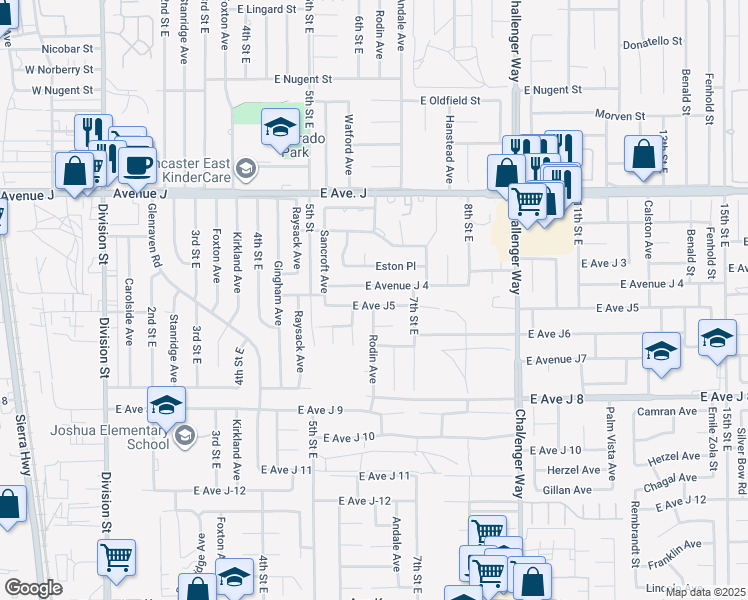 map of restaurants, bars, coffee shops, grocery stores, and more near 601 East Avenue J5 in Lancaster