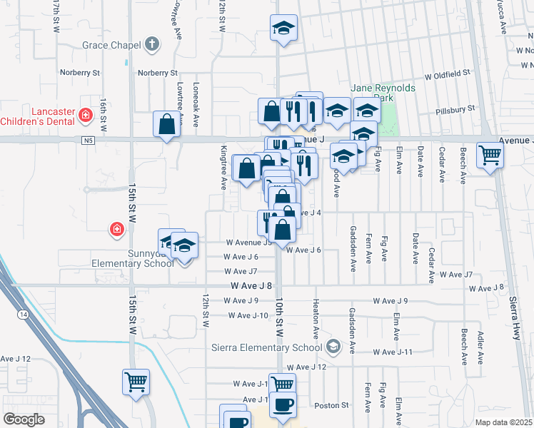 map of restaurants, bars, coffee shops, grocery stores, and more near 44155 10th Street West in Lancaster