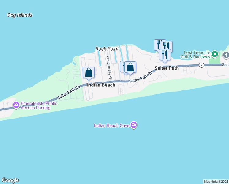 map of restaurants, bars, coffee shops, grocery stores, and more near 134 Ocean Boulevard in Indian Beach